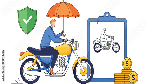 Motorcycle Insurance and Financial Protection Concept Vector Illustration with Biker Riding Under Umbrella and Policy Document for Safety