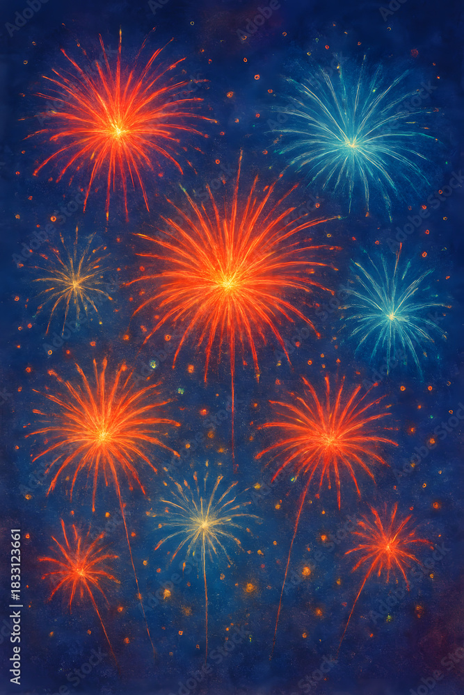 Naklejka premium Vibrant Fireworks Display Painting on Dark Blue Background for Celebrations