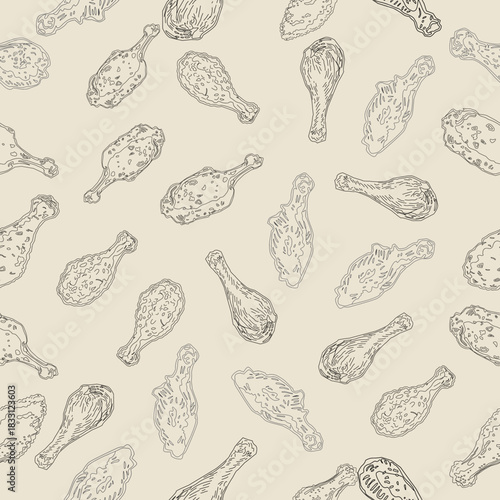 Fried chicken doodle pattern. fried chicken seamless pattern background. doodle fried chicken pattern background. fast food background. Chicken leg seamless pattern. Drumstick background.
