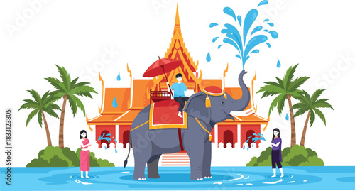 Traditional Thai Songkran Water Festival Celebration Vector Illustration Featuring People Riding an Elephant near a Temple with Palm Trees and Water Splashing