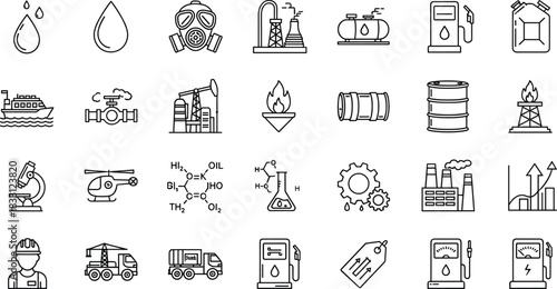 Oil and energy industry line icons set featuring fuel production, refinery equipment, chemical elements, pipelines, gas stations, transportation, and industrial symbols