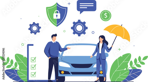 Car insurance policy and protection concept, featuring agents discussing coverage and vehicle security with shield, gears, and checklist symbols vector