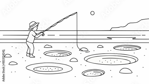 Boy Fishing on a Sandy Shoreline.