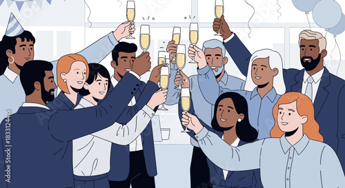 Flat Vector Illustration of Diverse Business Team Celebrating Success with a Champagne Toast in the Office