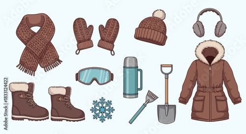 Set of Winter Elements and Equipment Icons: Coat, Boots, Scarf, Hat, Shovel, and Thermos