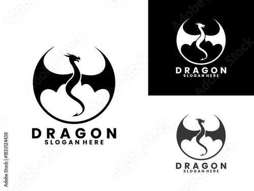 Mythological dragon logo design vector template. Circle dragon logo design icon