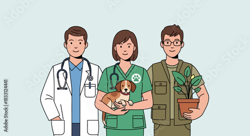 Group Illustration of Diverse Professionals: Veterinarian, Vet Technician Holding a Dog, and Botanist/Environmental Scientist