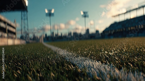 Close up view of soccer field grass and the white line