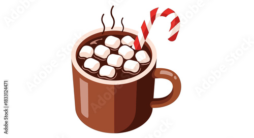 Flat Vector Illustration of a Mug of Hot Chocolate Topped with Marshmallows and a Candy Cane