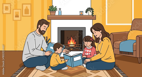 Family Storytime by Fireplace – Cozy Winter Scene with Parents and Children Reading Together on Cushions