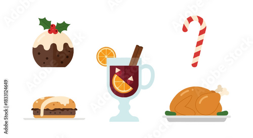 Festive Holiday Foods – Illustrated Christmas Pudding, Candy Cane, Mulled Wine, Mince Pie, and Roast Turkey