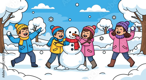 Children Playing in Snow – Winter Fun Around Snowman with Falling Snowflakes and Festive Landscape