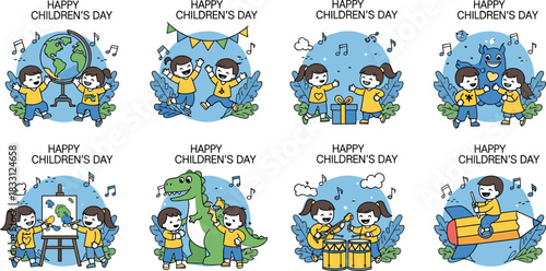 Set of Happy Children's Day illustrations featuring kids playing, learning, making music, exploring the world, and celebrating creativity vector collection
