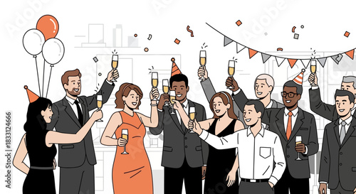 Formal Party Celebration – Group Toasting with Hats, Balloons, and Festive Decorations