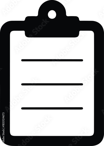 Clipboard icon for notes and tasks, Simple black clipboard icon with horizontal lines representing text, ideal for illustrating notes, tasks, forms, or checklists in digital designs.

