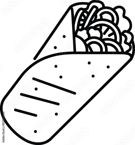 Delicious shawarma wrap with fresh ingredients in a simple line art style