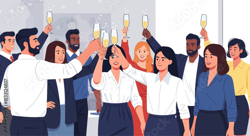 Corporate Celebration Toast – Professionals in Formal Attire Raising Glasses in Festive Indoor Gathering