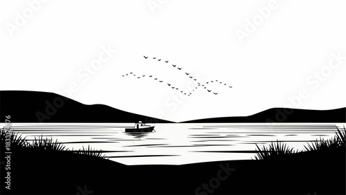 Silhouette of a small boat with a person rowing on a calm lake.