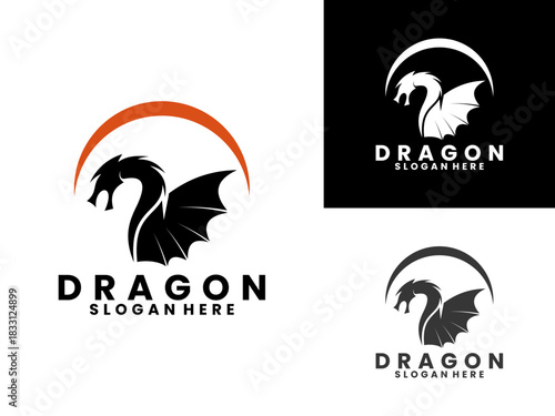 Mythological dragon with abstract sun line logo design vector template. Dragon logo design icon