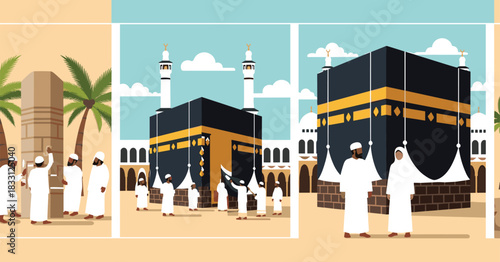 Muslim pilgrims performing the Hajj pilgrimage, illustrating the sacred Kaaba in Mecca and the ritual of stoning the Devil (Jamarat) vector illustration
