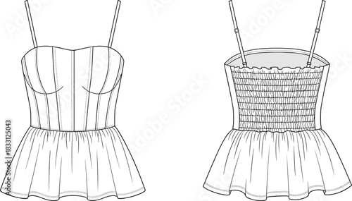 Black and white fashion illustration of a peplum top front and back views clothing