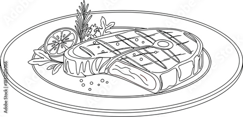 Grilled steak with lemon and herbs on a plate in a minimalist line drawing