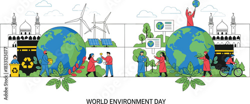 World Environment Day celebration with diverse people promoting sustainability, renewable energy, recycling, and global conservation efforts on a clean Earth vector
