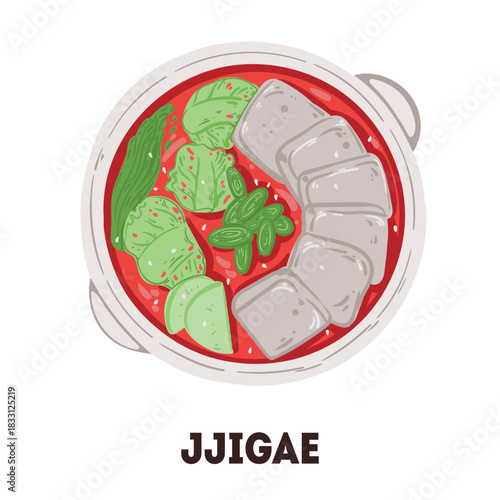 Seafood soup Sundubu jjigae vector drawing illiustration. Top view . Flat style.