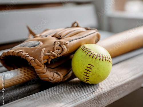 Close up of a worn leather softball glove and bright yellow ball resting on a wooden surface
