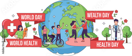 Global community celebrating World Health Day, promoting wellness, physical activity, healthy eating, and professional medical support illustration vector