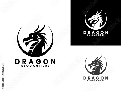 Dragon head with half circle logo design vector template