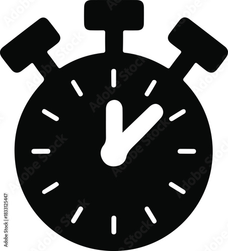 Stopwatch icon symbolizing time measurement, Black silhouette stopwatch icon representing timing, countdowns, deadlines, and precision, useful for digital interfaces, productivity tools, and time-rel
