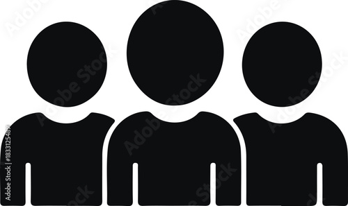 Group people icon for teamwork concept, Simple black silhouette icon showing three people together, symbolizing teamwork, community, collaboration, and social group concepts for digital or print use.
