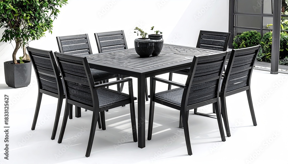 Fototapeta premium Outdoor black square dining set with eight chairs