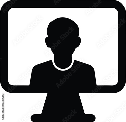 Video call user silhouette icon illustration, Simple silhouette icon showing a person on a computer screen, commonly used for video calls, online meetings, profiles, or virtual communication.

