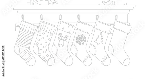 Six christmas stockings hanging on a mantle waiting to be filled with presents