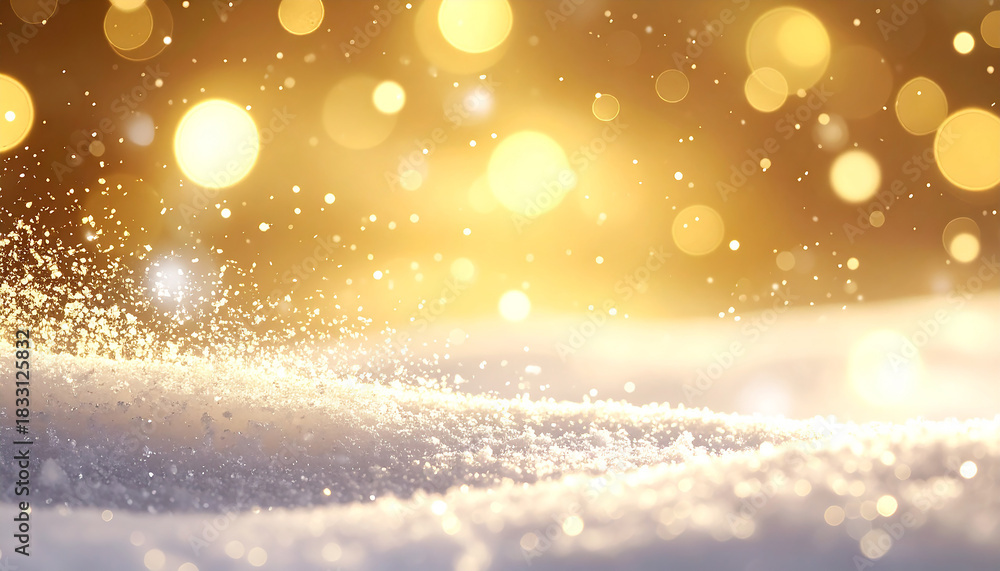 Naklejka premium Golden Winter Wonderland: A mesmerizing display of radiant golden bokeh and gently falling snow, creating a serene and magical atmosphere.