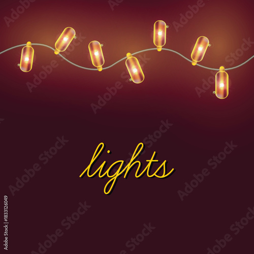A string of warm golden Christmas lights glowing softly on a dark red background. Cozy and elegant seasonal artwork suitable for holiday advertising, invitations, and festive projects.
