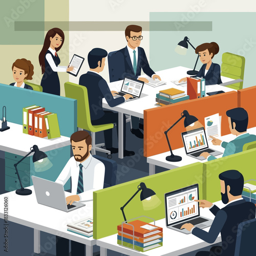 Illustration of a busy corporate office with employees at their desks.