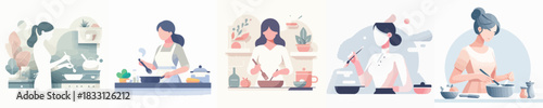 Cute Woman Cooking Vector Illustration