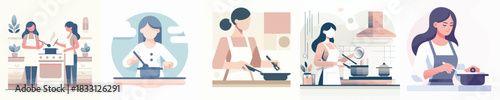 Cute Woman Cooking Vector Illustration