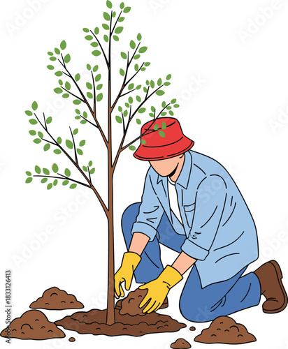 Person Planting a Young Tree Seedling into the Soil Vector Illustration, Representing Reforestation, Conservation, Arbor Day, Environmental Protection, and Nature Care