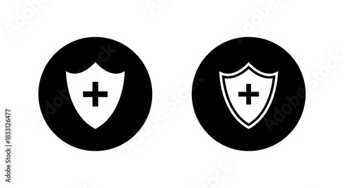 Shield with medical cross sign icon. Healthcare protection symbol in black circle