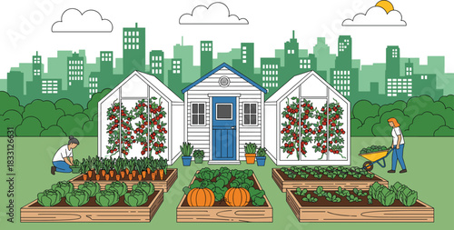 Urban Farming and Community Garden Vector Illustration with Greenhouses, Raised Beds of Vegetables, Two People Working, and a City Skyline Background, Representing Sustainable Lifestyle and Local Food