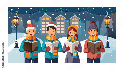 A group of carolers singing joyfully on a snowy street, holding lanterns, music sheets in hand, warm scarves and hats, glowing windows behind them, beautiful festive harmony