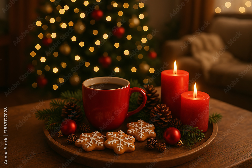 Fototapeta premium A cozy Christmas scene featuring a red mug, gingerbread cookies, and glowing candles arranged on a festive wooden tray with a blurred tree in the background.