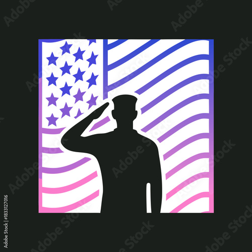 Silhouette of saluting soldier against abstract flag