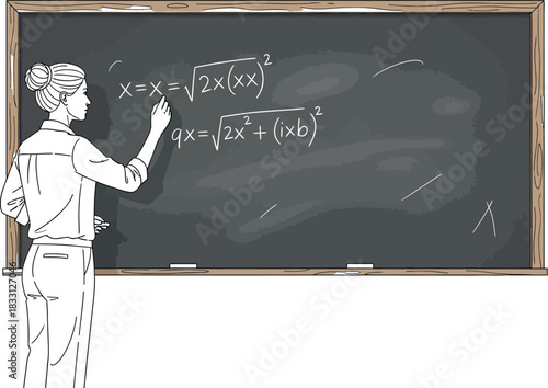 Teacher writing math equations on a chalkboard in a classroom setting indoors