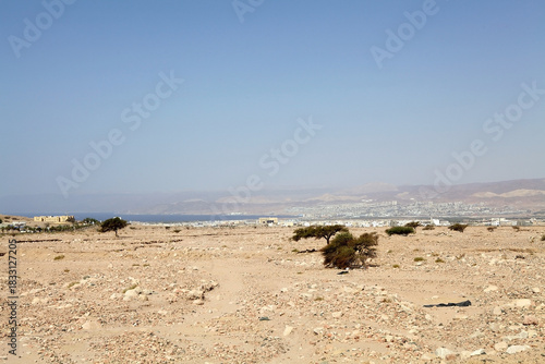 Jordanian desert with Aqaba , Red Sea and Eliat in the background, Jordan and Israel