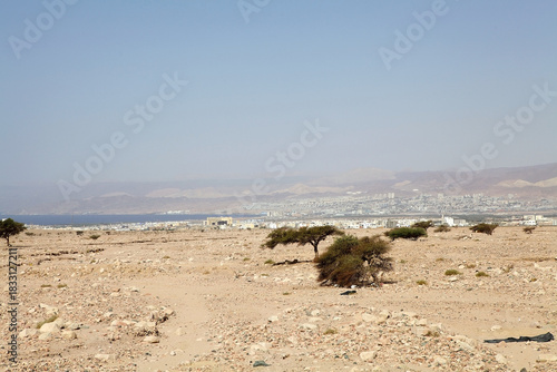 Jordanian desert with Aqaba , Red Sea and Eliat in the background, Jordan and Israel
